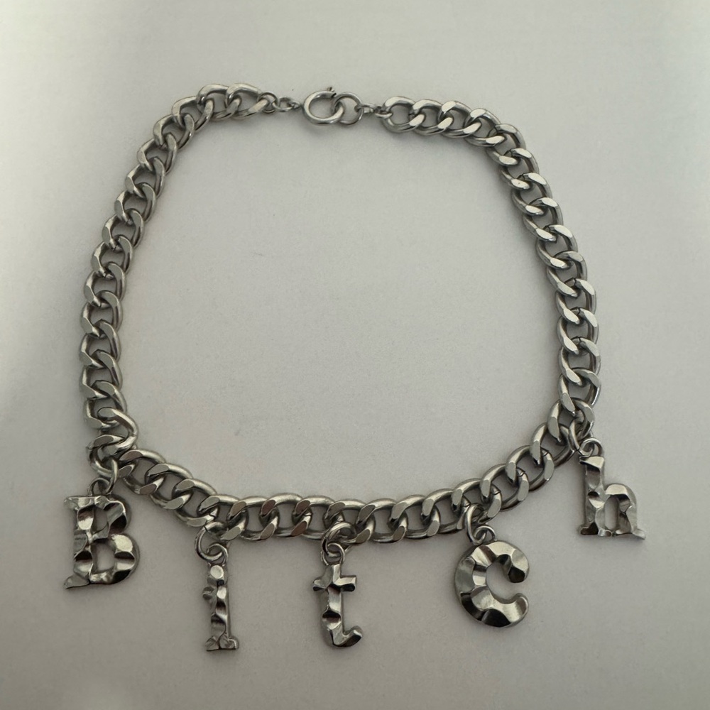 Silver Letter Charm Chain Necklace Choker - 'B**ch' Letter Pendants